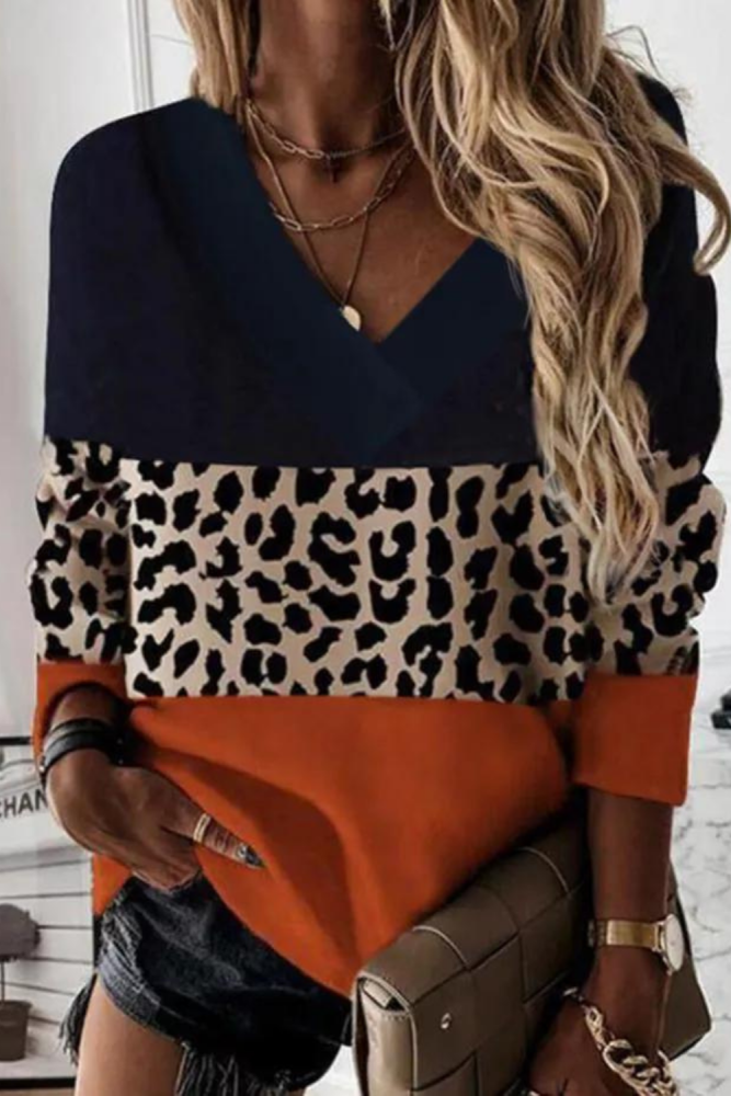 Women Casual Long Sleeve Leopard Color Block V Neck Pullover Sweatshirt