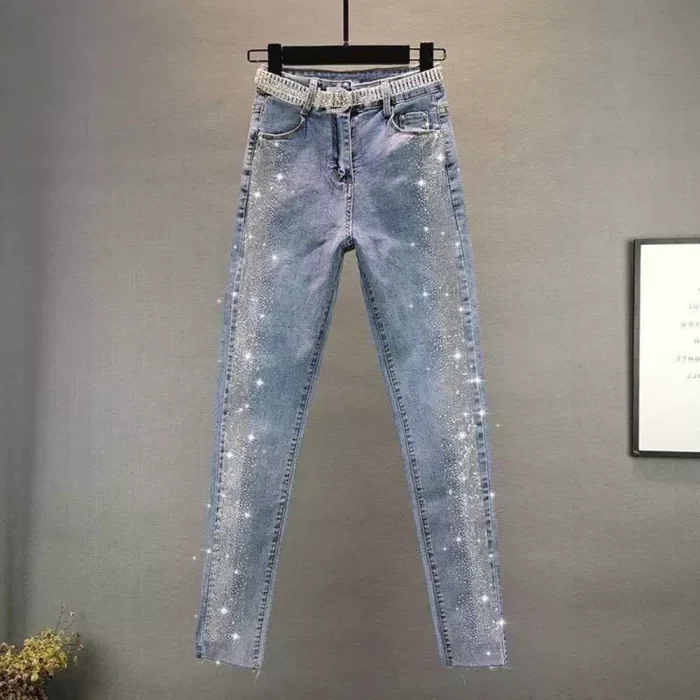 Fashion Retro Black Slim Diamond High Waist Cropped Jeans