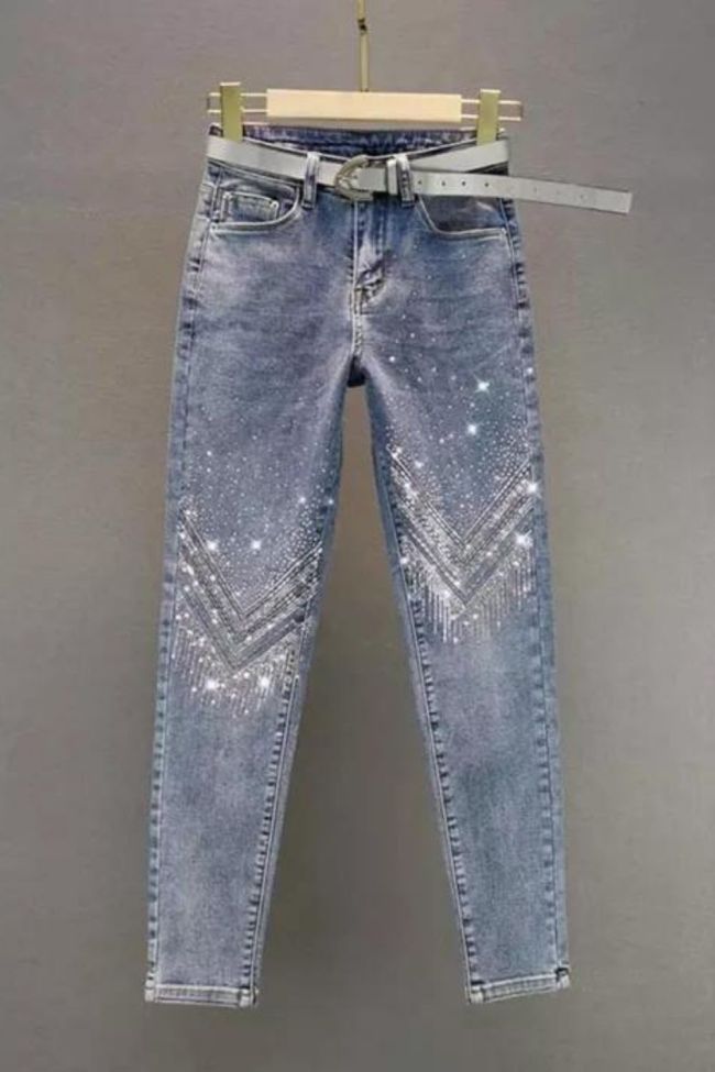 Fashion Rhinestone Skinny Women's Stretch High Waist Cropped Jeans