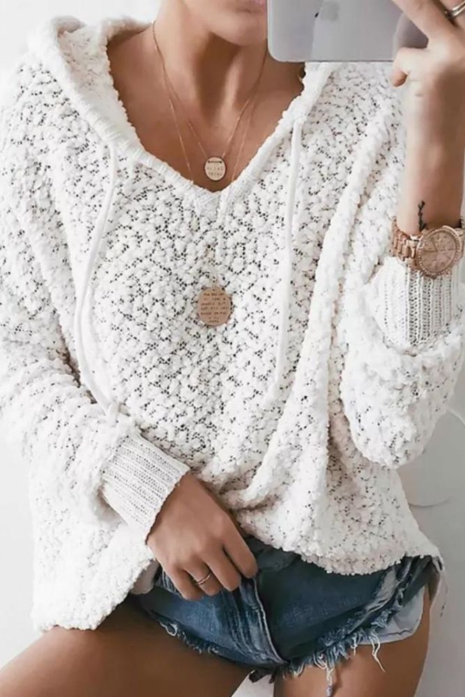 Women's Sweater Fashion Solid Color Pullover Knit Hoodie