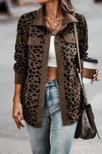 Trendy Leopard Jacket Corduroy Long Sleeve Loose Shirt  Coat