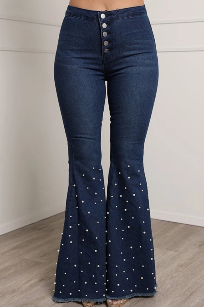 Fashion Women Flared Jeans High Waist Single-breasted Casual Denim Pant