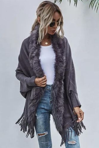 Fur Collar Casual Fashion Shawl Knitted Tassels Elegant Dolman Sleeve Cardigan