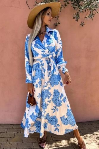 Trendy Casual Boho Print V Neck High Waist Long Sleeve Tunic  Maxi Dress