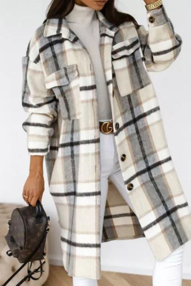 Women's Long Sleeve Single Breasted Fashion Long Wool Plaid Coat Jacket