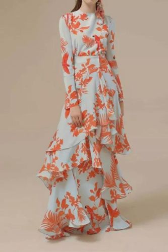 Fashion Bohemian Print Ruffle Long Sleeve Slim Fit Big Swing Irregular  Maxi Dress