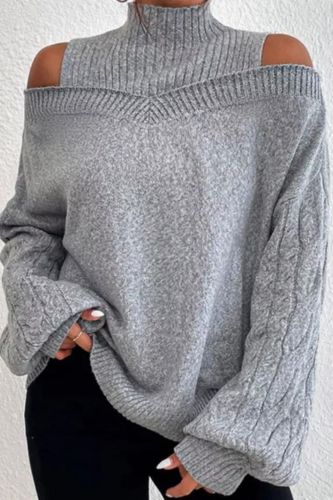 Turtleneck Fashion Strapless Solid Color Hollow Sweater
