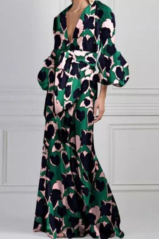 Fashion Print Puff Sleeve V Neck Party Maxi Dress