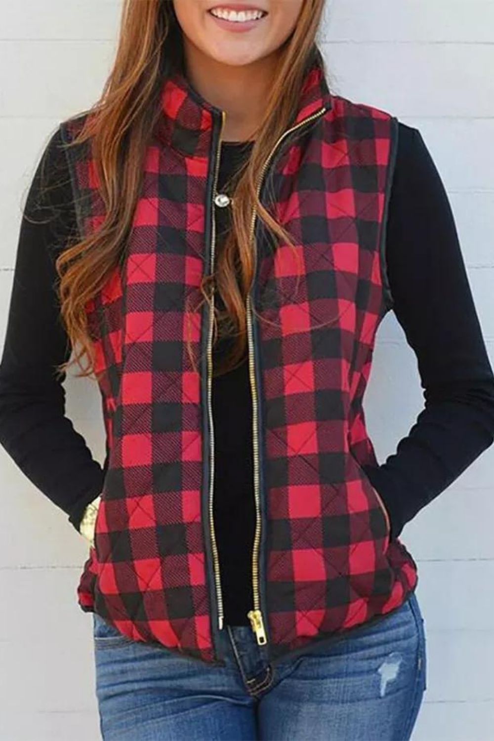 Loose Plaid Side Zipper Hooded Jacket main image 0