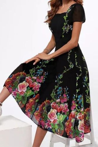 Vintage Floral Print Fashion Square Neck Short Sleeve A-Line Party Elegance Midi Dress