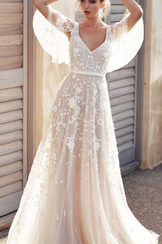 Long Boho Elegant Tulle Half Sleeves V-Neck Wedding Dresses