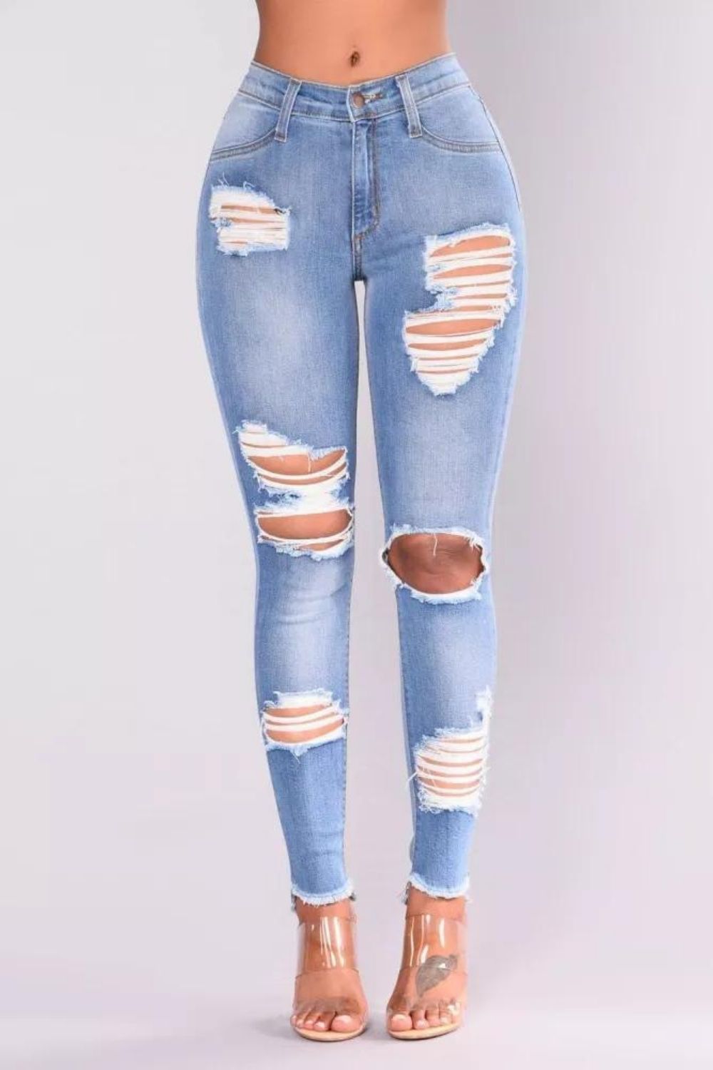 Women Retro High Waist Ripped Straight Jeans