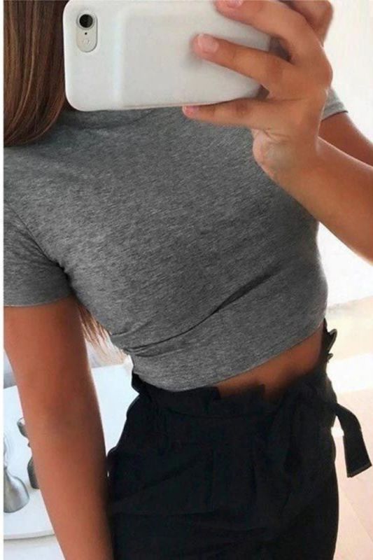 Fashion Cropped Top Solid Color O Neck Casual T-Shirt