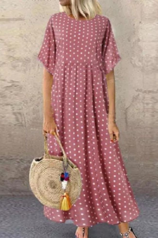 Fashion Retro Half Sleeve Button Print Round Neck Loose Solid Color  Maxi Dress
