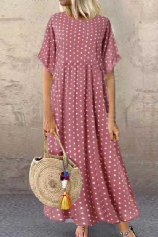 Fashion Retro Half Sleeve Button Print Round Neck Loose Solid Color  Maxi Dress