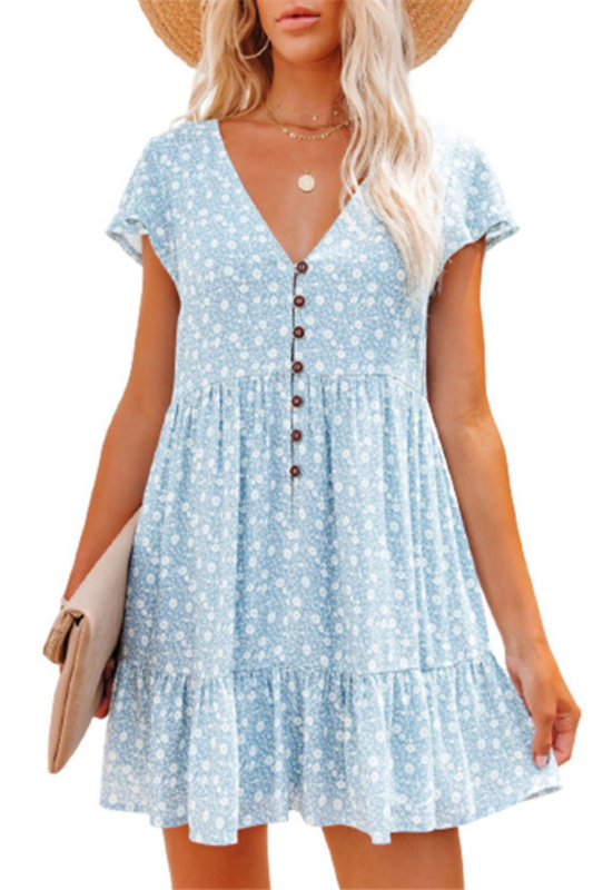 Women Loose Vintage Ruffles Button Lace Short Sleeve Boho Casual Mini Dresses