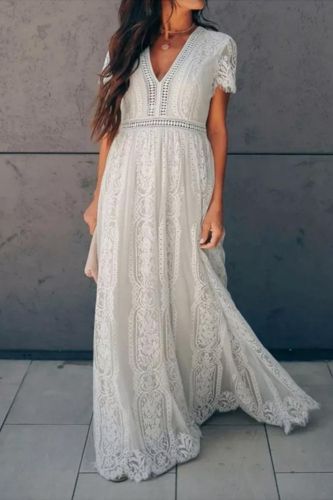 Lace Sexy V Neck Hollow Floral Yarn Party Bohemian Fashion Maxi Dress