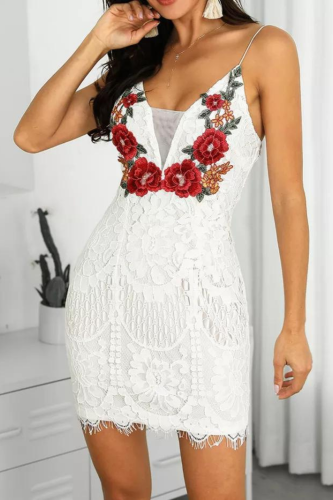 Embroidered Lace Crochet Sexy Sleeveless V-neck Party Dresses