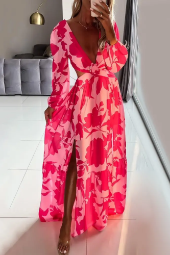Woman Sexy Lantern Sleeve High Slit Cutout Floral Print Maxi Long Sleeve Party Dress