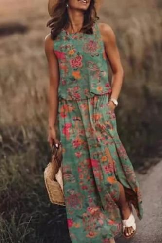 Boho Vintage Floral Stripe Print Elegant Sleeveless O Neck Loose  Maxi Dress