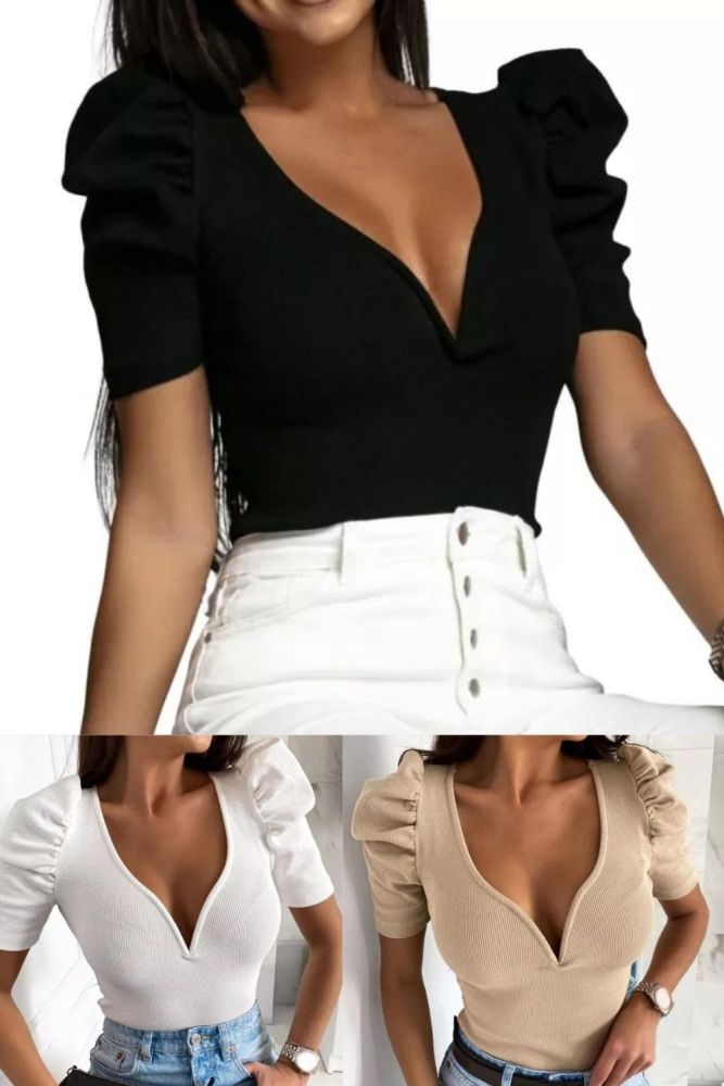 Women's Top V Neck Slim Puff Short Sleeve Solid Color Blouses & Shirts