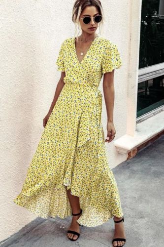 Fashion Ruffle Short Sleeve V Neck Sexy Polka Dot Print Elegant  Maxi Dress