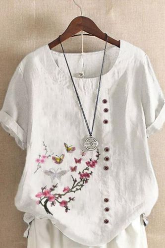 Trendy Casual Linen Crew Neck Print Loose Blouses & Shirts