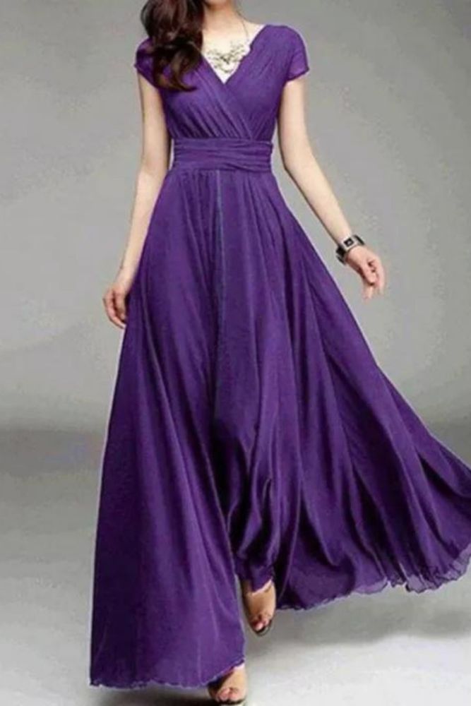 Vintage Solid Color Party Fashion V Neck A Line Elegant Maxi Dress