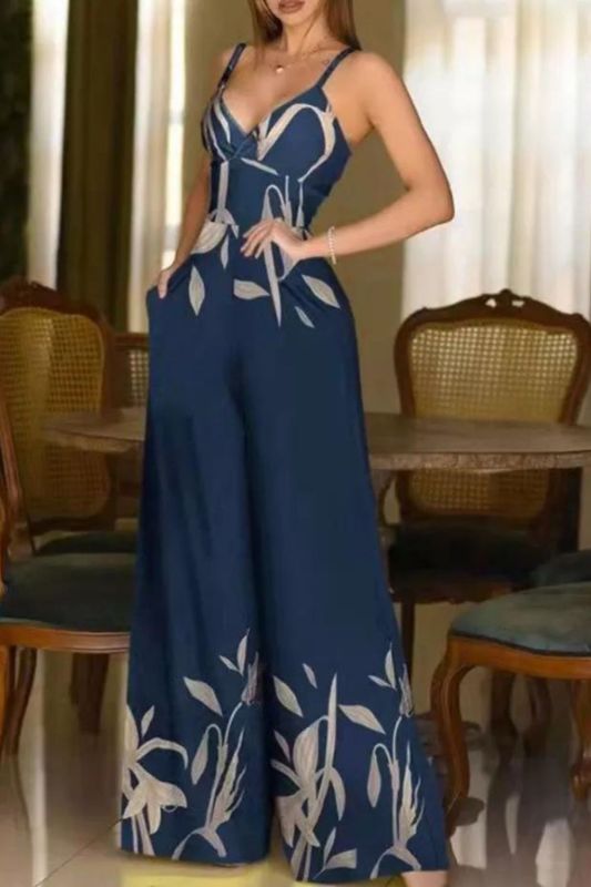 Floral Casual Fashion V Neck Slim Waist Wide Leg Jumpsuit