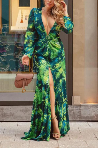 Bohemian Style Robe Tropical Printed Low Neck Split Thigh Long Dress