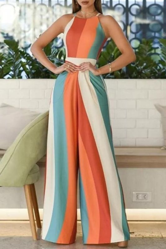 Color Block Stripe Print Sleeveless Relaxed Wide-Leg Jumpsuit