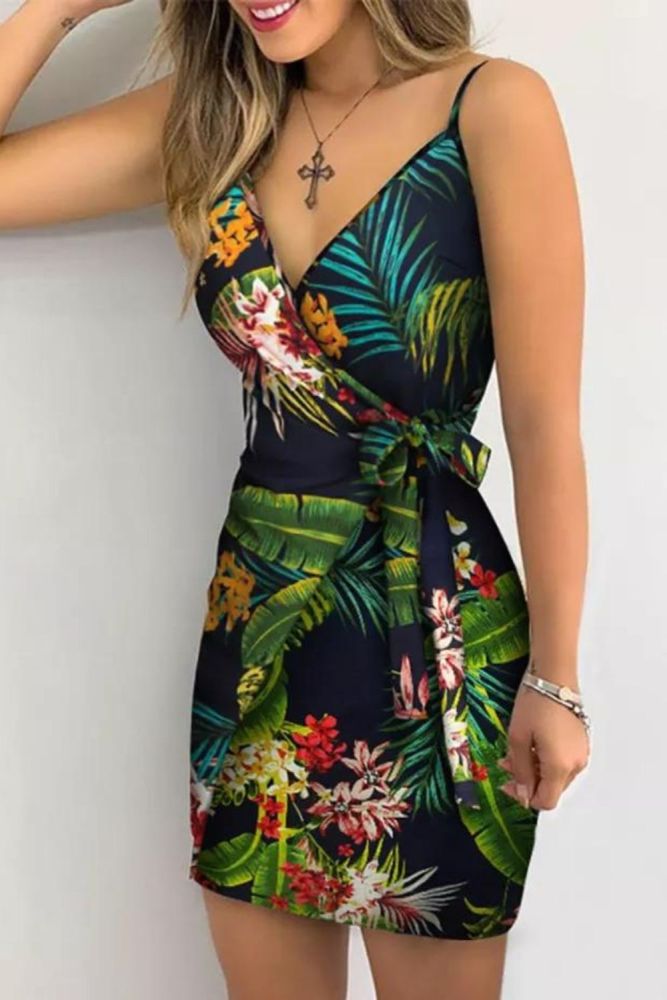 Fashion Print V Neck Casual Sleeveless Resort Mini Dress