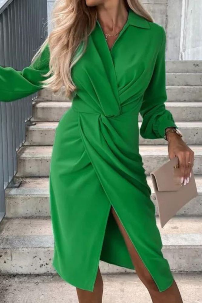 Elegant Long Sleeve V Neck Sexy Fashion Solid Color Crossover  Midi Dress