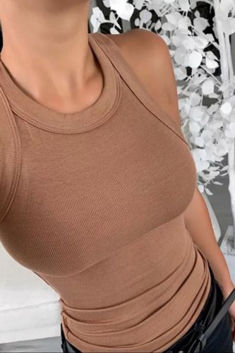 Fashionable Solid Color Crew Neck Ribbed Elastic O-Neck Camisole Top