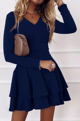 Fashion Elegant Solid Color Ruffle Party Vintage Long Sleeve Casual Mini Dress