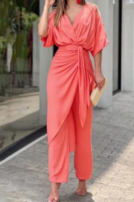 Fashion Solid Color V Neck Waist Pleated Ties Half Sleeves Casual Two Pieces