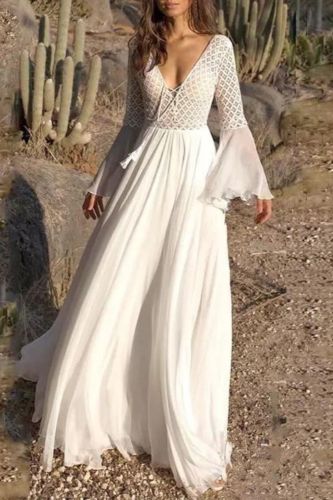 Fashion Solid Color Bell Sleeve V Neck Cutout Bohemian Lace Maxi Dress