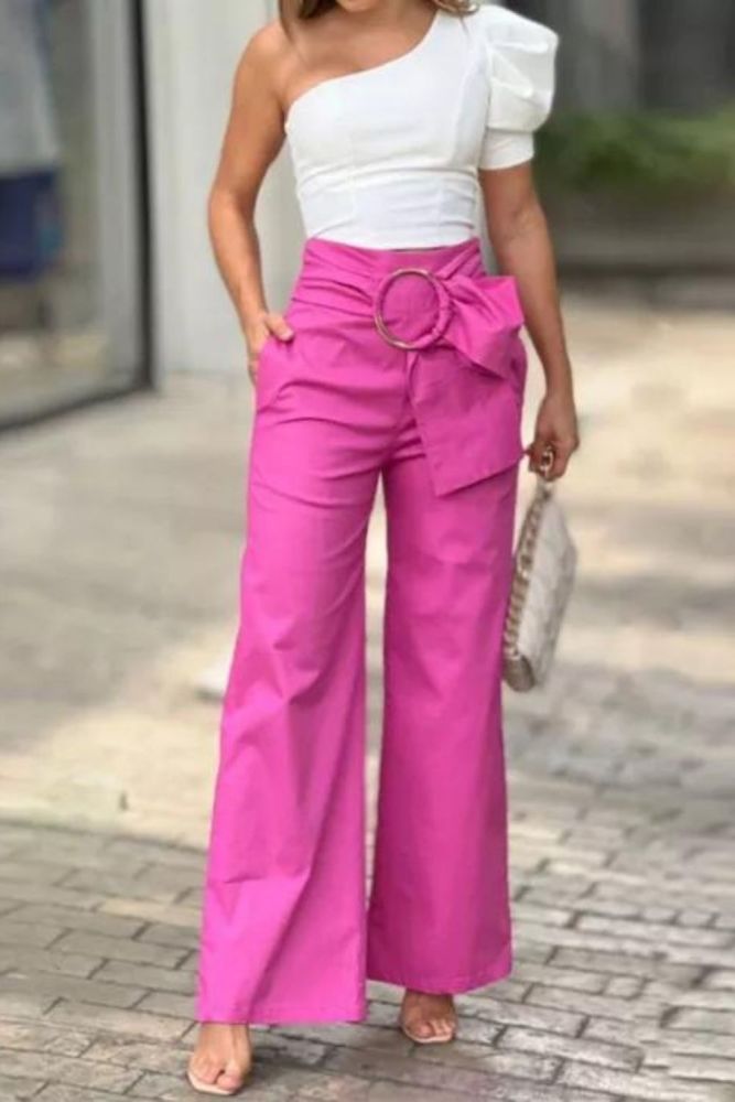 Sexy Fashion Puff Sleeve Solid Color Top Loose Wide Leg Two-piece Set