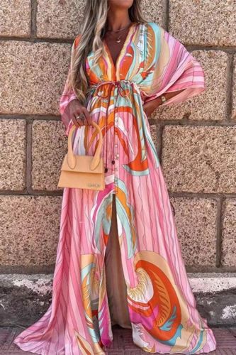 Fashion Print Casual Bohemian Long Sleeve Loose Tunic  Maxi Dress