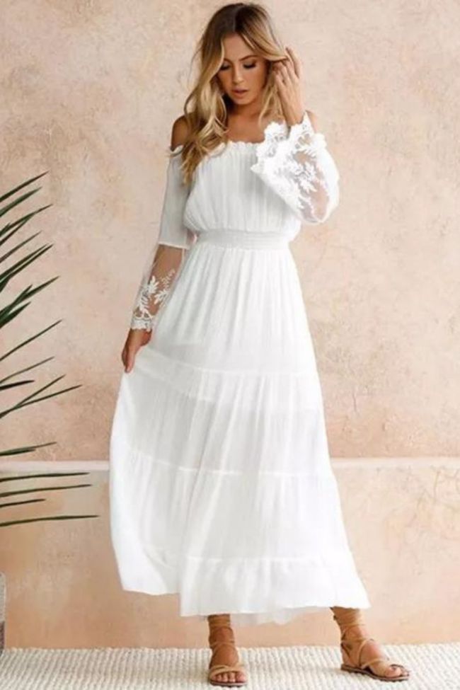 Fashion Solid Color Long Sleeve Loose Sexy Strapless Lace Bohemian Maxi Dress