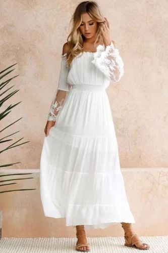 Fashion Solid Color Long Sleeve Loose Sexy Strapless Lace Bohemian Maxi Dress