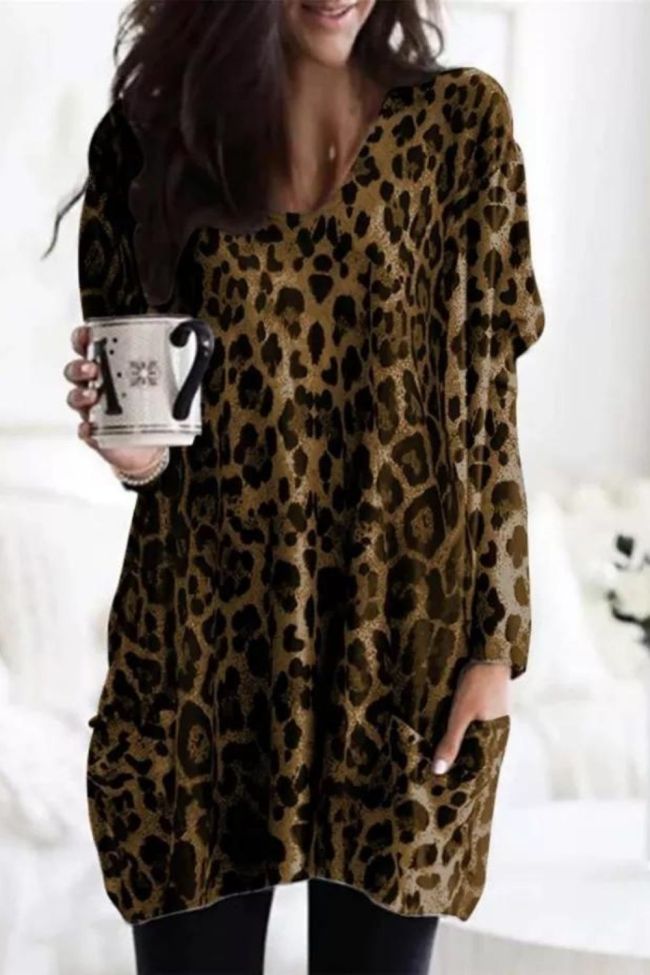 Fashion Vintage Long Sleeve Top Sexy V Neck Pocket Casual Leopard Print Shirt