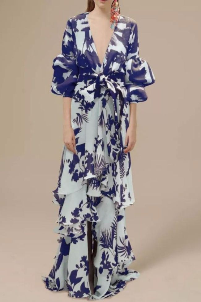 Bohemian Long Sleeve Fashion Print Deep V Neck Irregular Party Maxi Dress