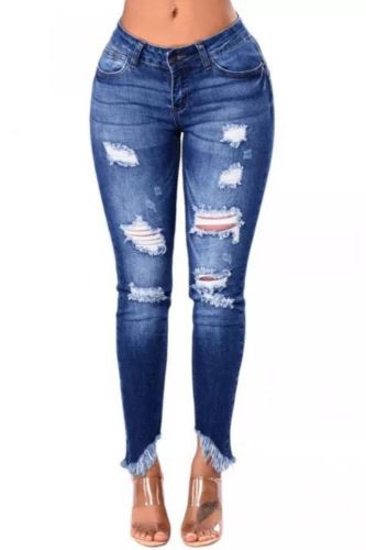 Fashion Women's High Elastic Irregular Tassel Casual Ripped Jeans