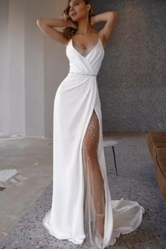 Sexy V Neck White Wedding Evening Party Elegant  Prom Dress