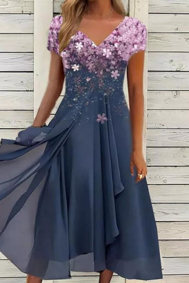 Elegant Floral Patchwork A Line Fashion V Neck Irregular Midi Dress