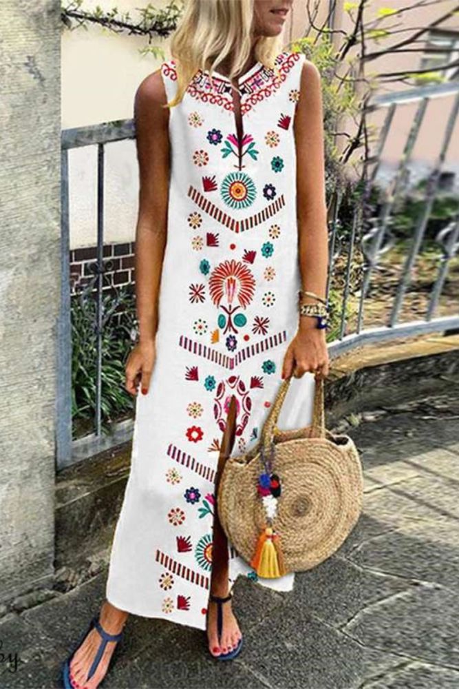 Trendy Boho Vintage Slit Party Sleeveless Maxi Dress