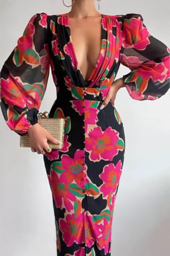 Women Sexy Button V-Neck Slit Elegant Print Slim  Casual Long Sleeve High Waist Maxi Dress