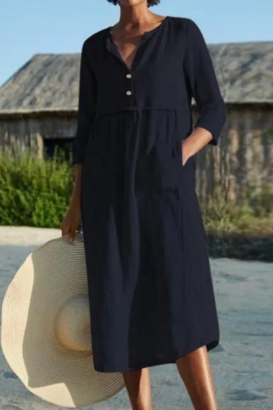 Women Solid Color Half Sleeve Pockets Buttons Cotton Linen Loose Midi Dress