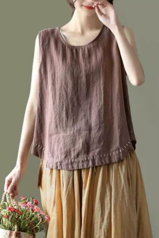 Loose Solid Color Cotton Linen Fringe Embroidery Casual Sleeveless  Camisole Top
